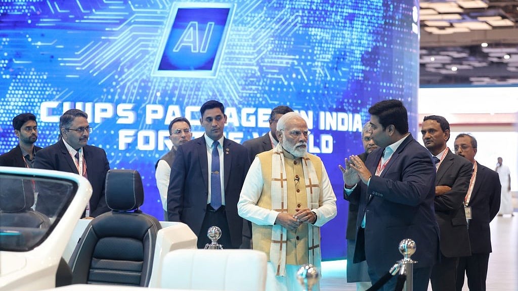 Prime Minister Modi at the inauguration of the India AI Impact Expo 2026 at Bharat Mandapam in New Delhi. 