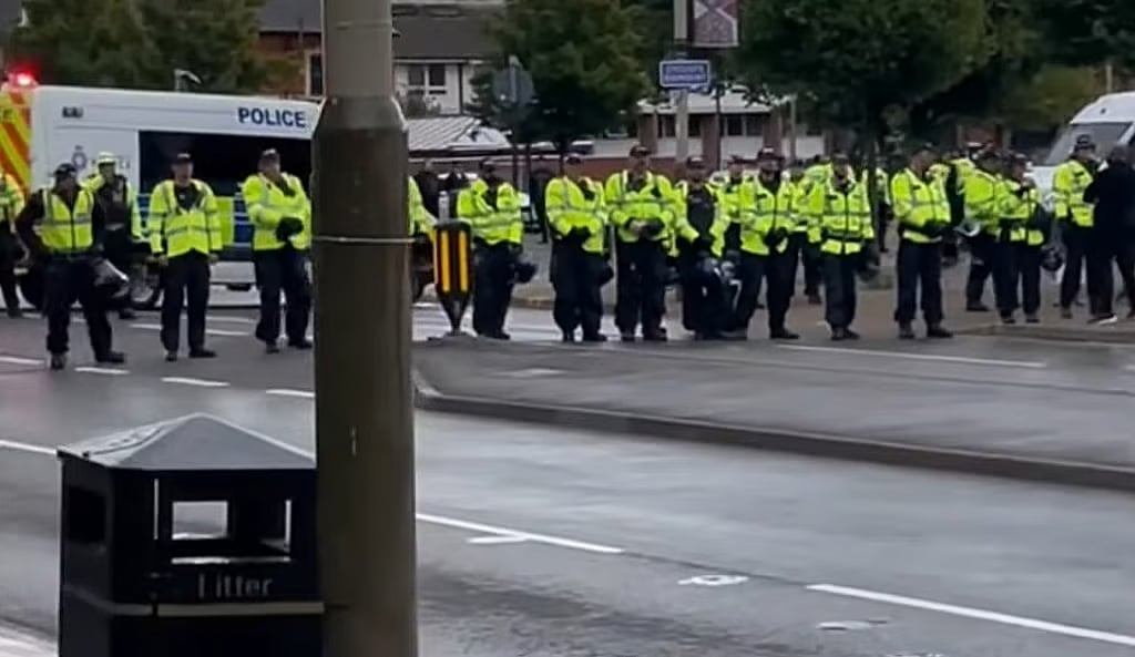 Leicestershire police during the 2022 unrest. (YouTube/Bestius Vlogs)