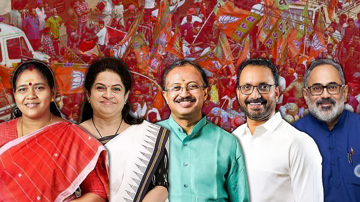 From left to right: Sobha Surendran, Padmaja Venugopal, V. Muraleedharan, K. Surendran and Rajeev Chandrasekhar