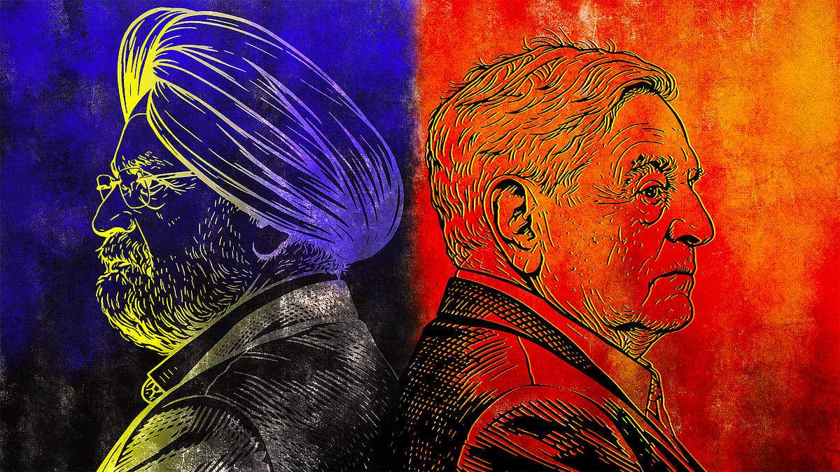 हरदीप पुरी और जोर्ज सोरोस का चित्रण.