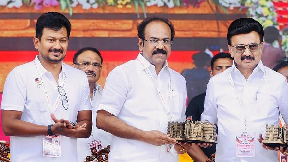 Tamil Nadu environment minister Thangam Thennarasu with Deputy CM Udhayanidhi Stalin and CM MK Stalin.