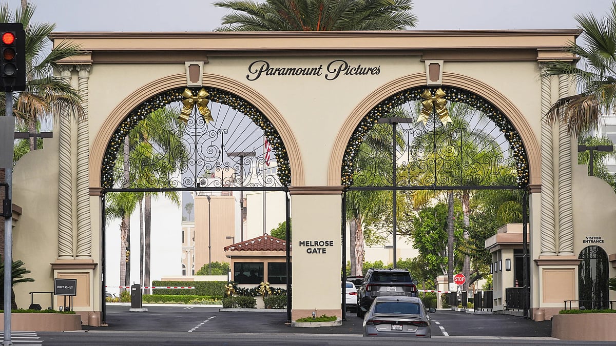Vehicles enter Paramount Pictures in Los Angeles on Dec. 17, 2025. 