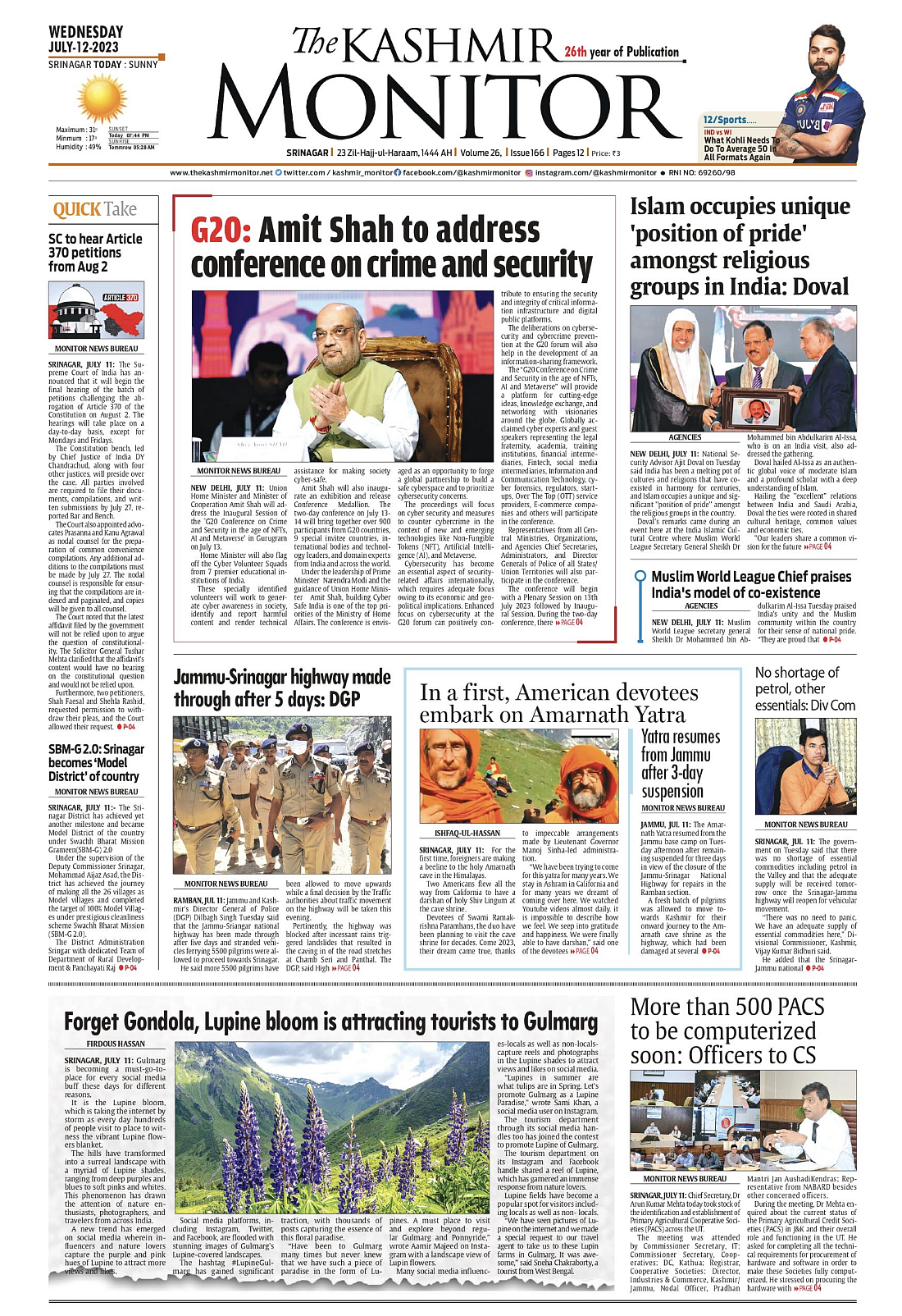 Front page of The Kashmir Monitor on July 12, 2023