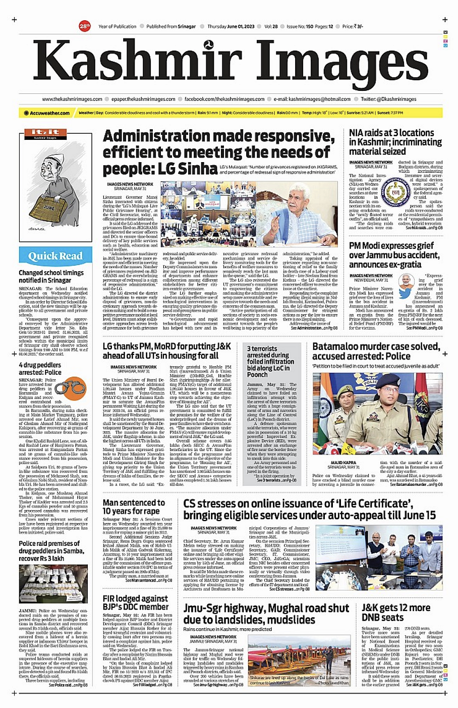 Front page of Kashmir Images on June 1, 2023