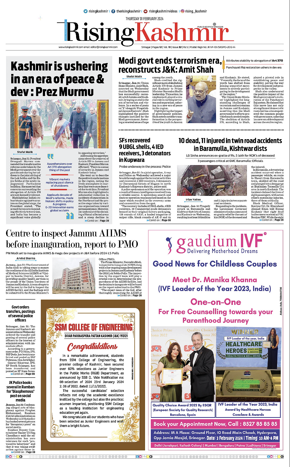 Front page of Rising Kashmir on February 1, 2024