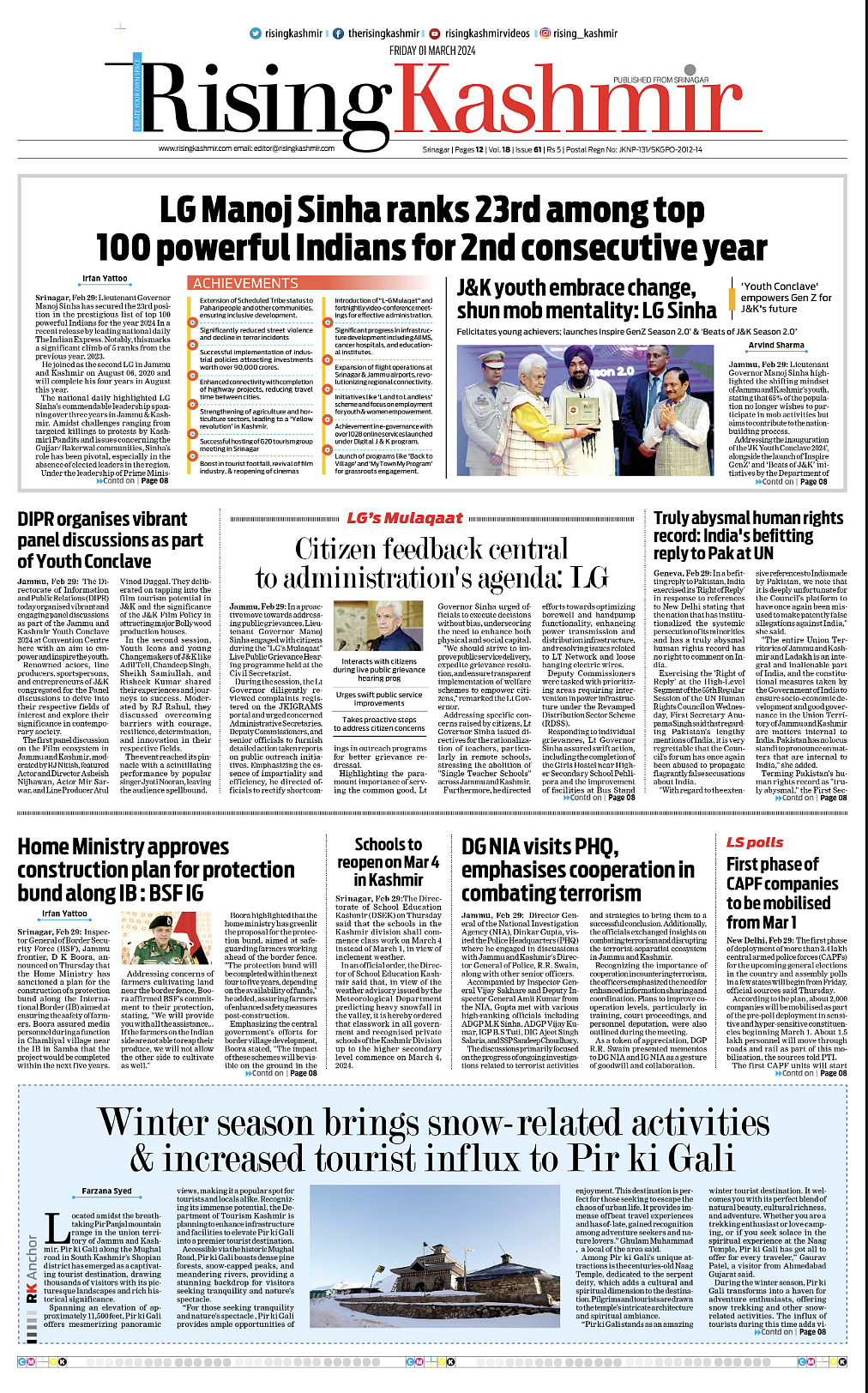 Front page of Rising Kashmir on March 1, 2024
