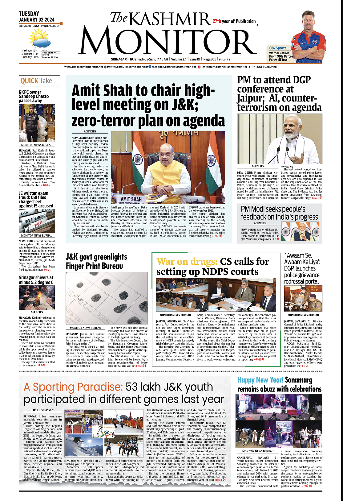 Front page of The Kashmir Monitor on January 2, 2024