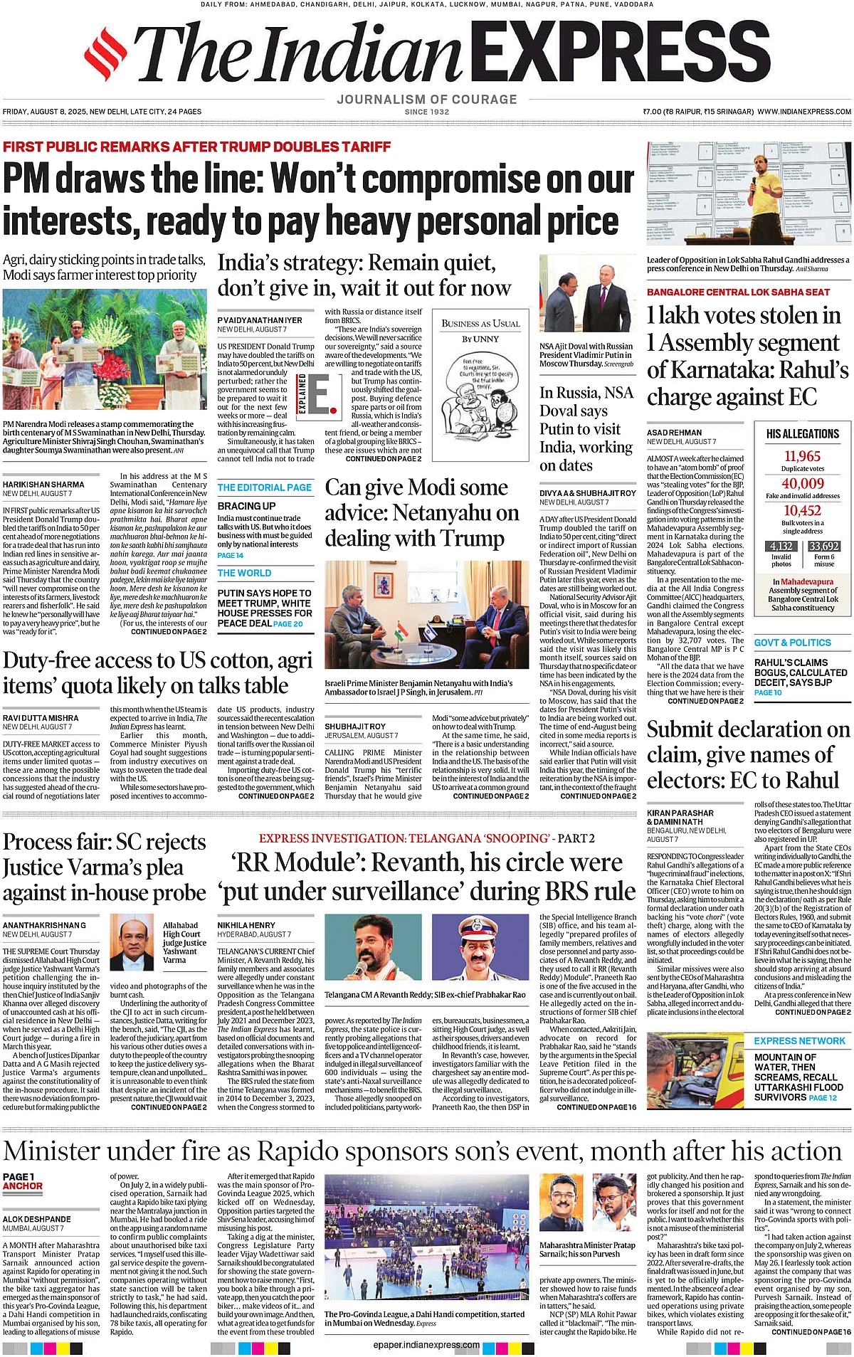 Front page of The Indian Express