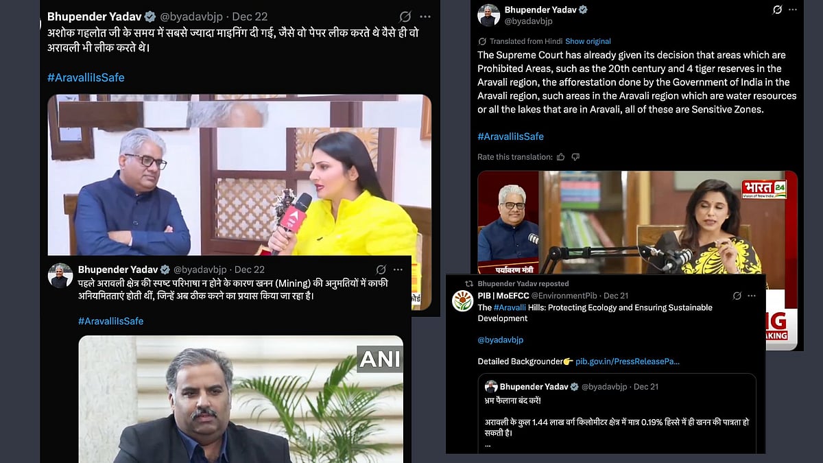 Screenshots of interviews Bhupender Yadav gave to the media, posted on X.