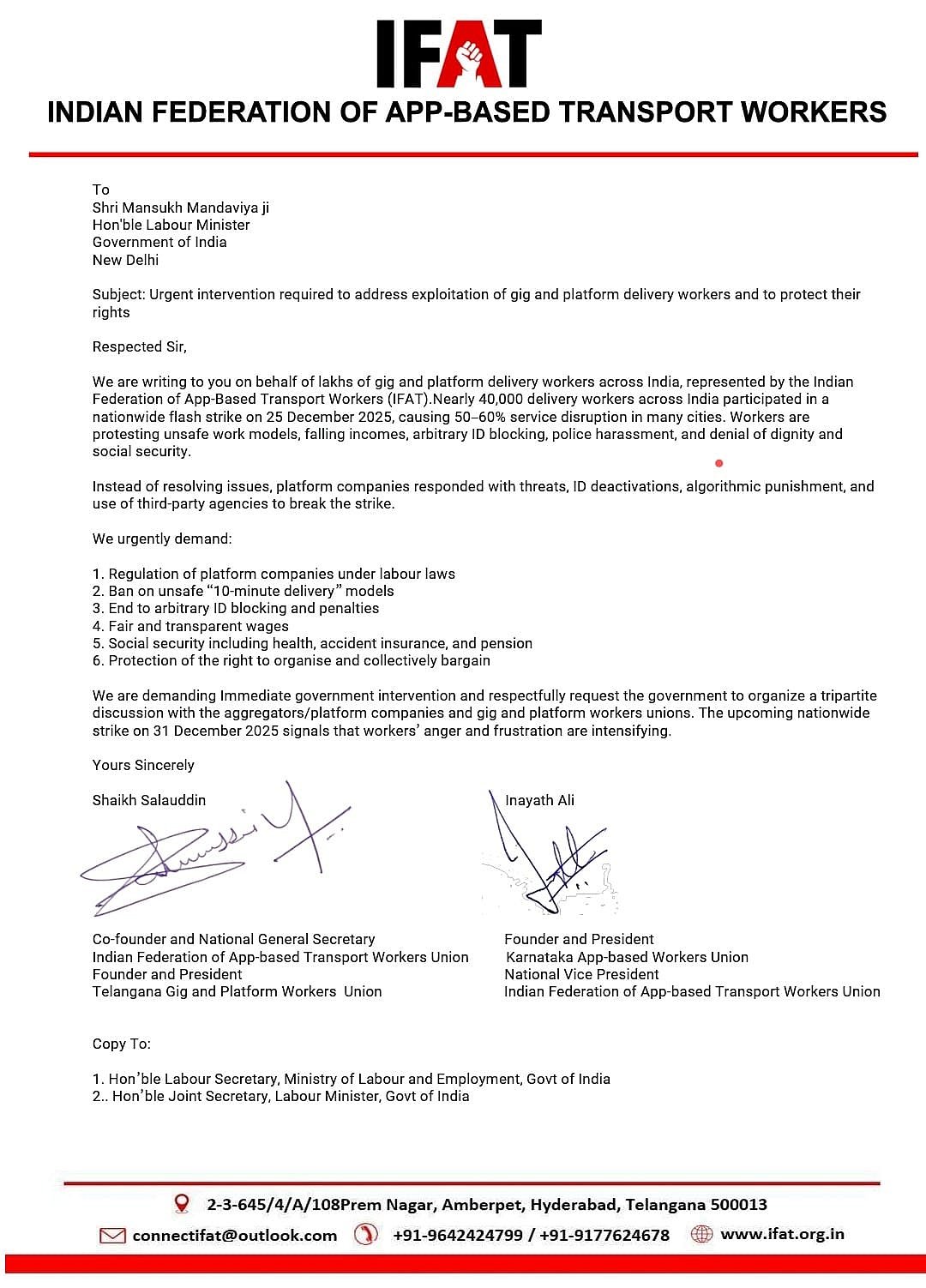 Letter from IFAT to the Union minister