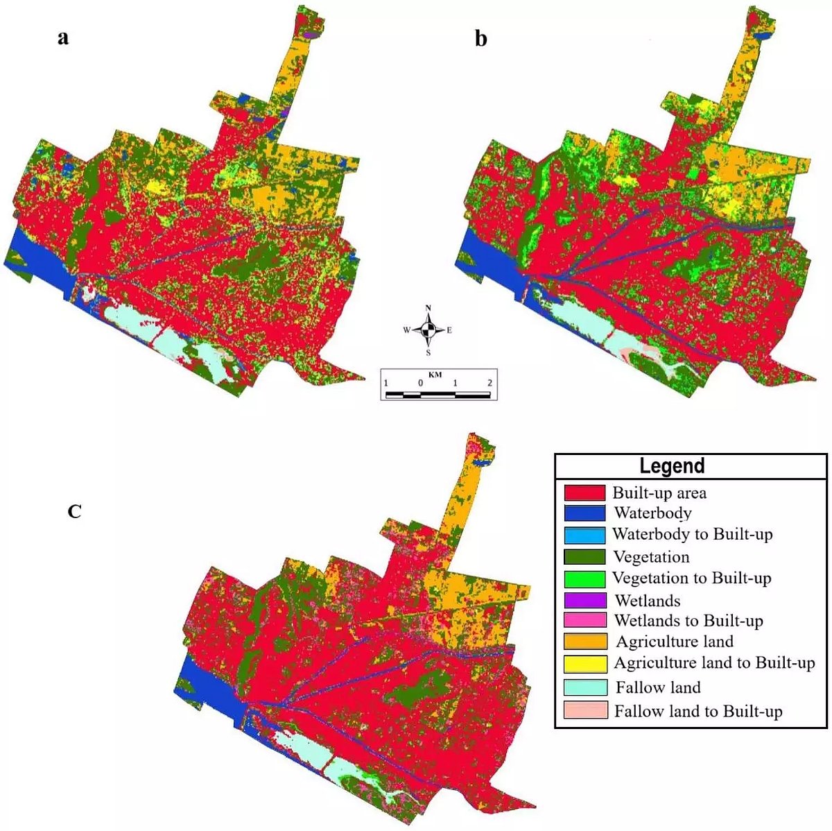 Land Use and Land Cover Change in Vijayawada (a) 2001-2011 (b) 2011-2021 (c) 2021–2023