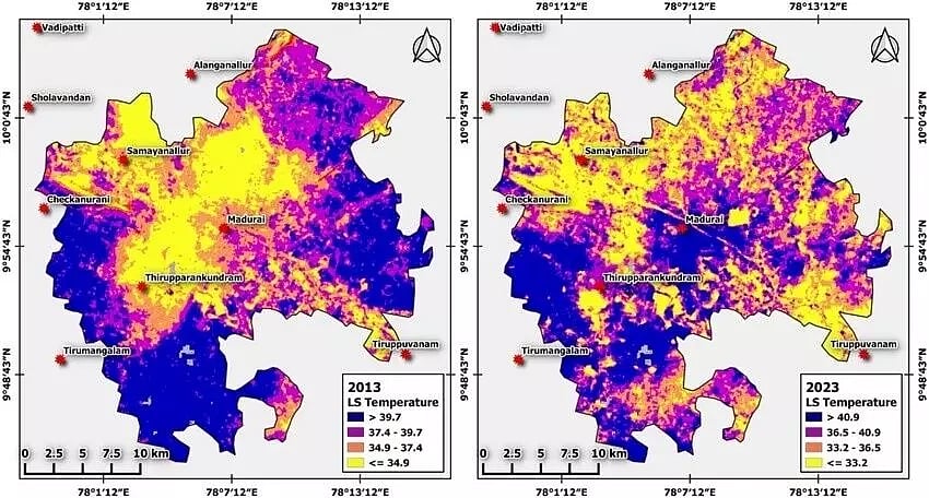 Land surface temperature in Madurai, 2013 and 2023