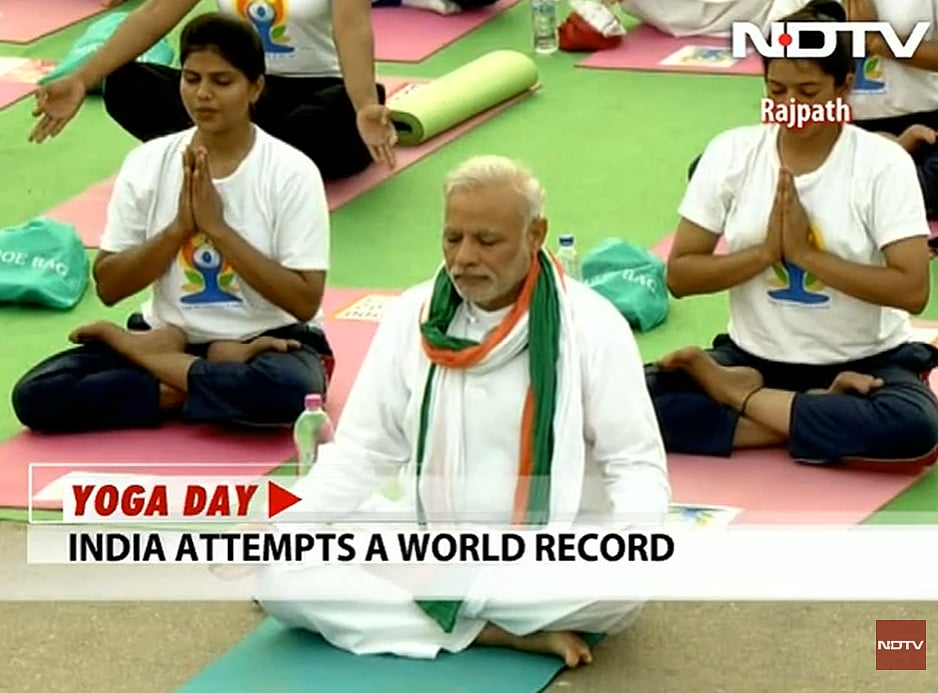 Screenshot of TV media coverage of International Yoga Day