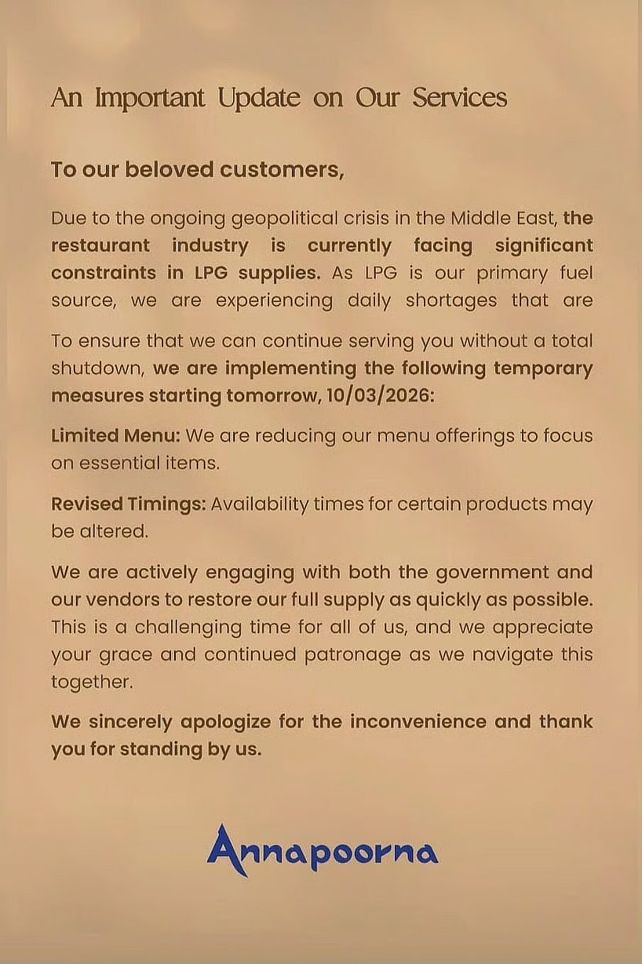 Annapoorna restaurant announcement 