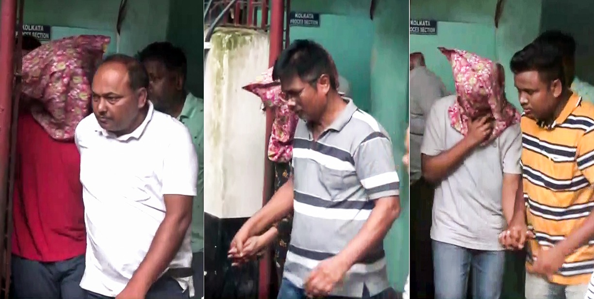 കൊൽക്കത്തയിലെ കോളേജ് പരിസരത്ത് നിയമ വിദ്യാർഥിനിയെ ബലാത്സംഗം ചെയ്ത കേസിൽ പ്രതികളായ മൂന്ന് പേരെ കൊൽക്കത്തയിലെ കോടതിയിൽ ഹാജരാക്കിയപ്പോൾ