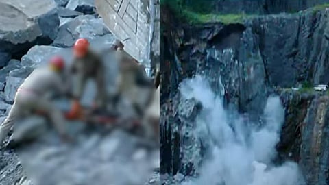 rock falls on top of hitachi at payyanamannu pathanamthitta 