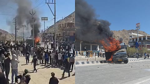 സംസ്ഥാന പദവി വേണം; ലഡാക്കില്‍ വന്‍ പ്രതിഷേധം, ഉദ്യോഗസ്ഥര്‍ക്ക് കല്ലേറ്, പൊലീസ് വാഹനം തീയിട്ടു, ലാത്തി വീശി പൊലീസ്