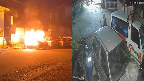 ആംബുലൻസ് കത്തിക്കുന്നതിൻ്റെയും ഗ്ലാസ് തകർക്കുന്നതിൻ്റെയും ദൃശ്യം