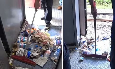 ജീവനക്കാരൻ മാലിന്യം തട്ടുന്നതിൻ്റെ ദൃശ്യങ്ങൾ