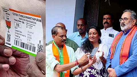 ഒന്നിൽ റൂട്ട് മാപ്പ്, രണ്ടാമത്തേതിൽ തെരഞ്ഞെടുപ്പ് വാഗ്ദാനങ്ങൾ; വോട്ടർ സ്ലിപ്പിൽ ക്യൂ ആർ കോഡുമായി കൊടുങ്ങാനൂരിലെ ബിജെപി സ്ഥാനാർഥി 