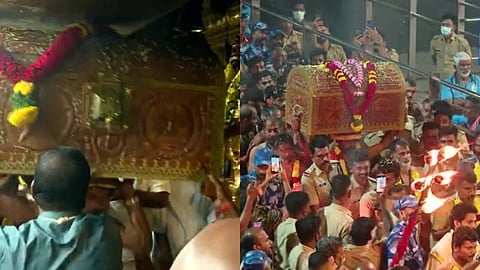 തങ്ക അങ്കി വിഭൂഷിതനായി അയ്യപ്പൻ ; ദേവസ്വം ഉദ്യോഗസ്ഥർ ചേർന്നു സ്വീകരിച്ചു, മണ്ഡല പൂജ നാളെ രാവിലെ