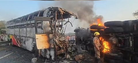 Bus Collided With Lorry And Caught Fire In Andhra Pradesh