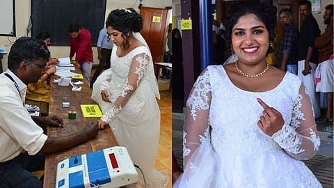 ആദ്യം വോട്ട്, പിന്നെ മതി വിവാഹം! വിവാഹ വേഷത്തിൽ പോളിങ് ബൂത്തിലെത്തി അഖിലയും ആശയും...
