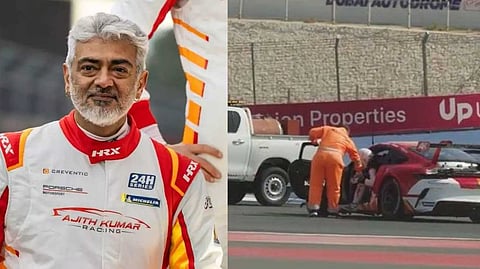 അജിത്തിന്റെ കാര്‍ റേസിങ് പരിശീലനത്തിനിടെ അപകടത്തില്‍പ്പെട്ടു; സുരക്ഷാ മതിലിലിടിച്ച് കാര്‍ പലവട്ടം കറങ്ങി | വീഡിയോ