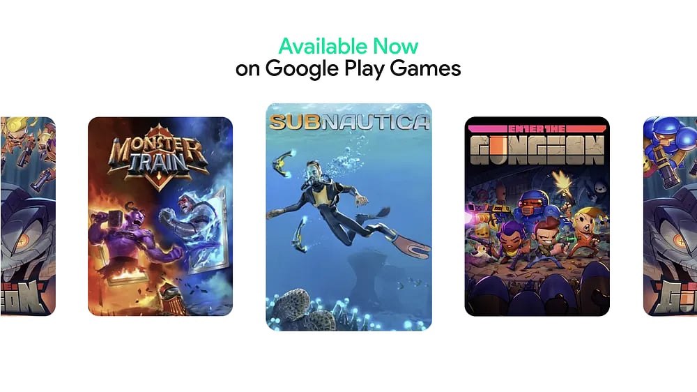 New Games Library of Google Play Games featuring Sub Nautica, Monster Train, and Deep Rock Galactic Survivor