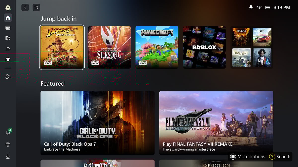 Xbox Full Screen Experience featuring COD Black Ops7, Roblox, Minecraft, and other PC games