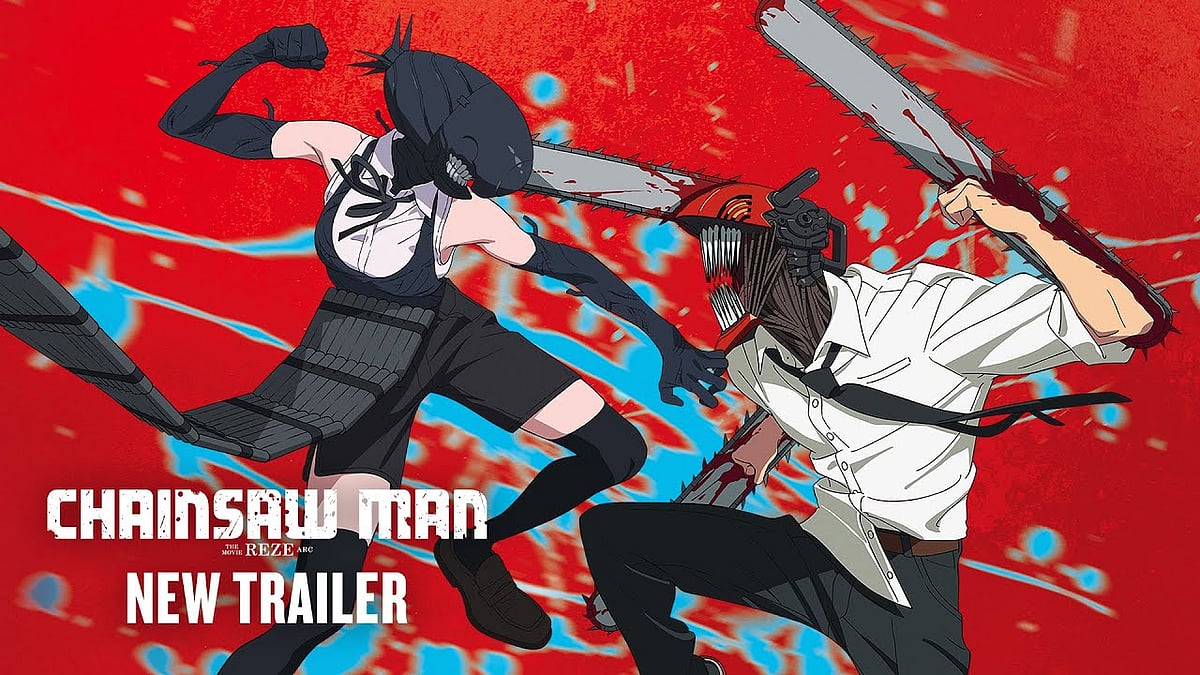 Chainsaw Man Reze Arc characters fighting in new movie trailer still image.