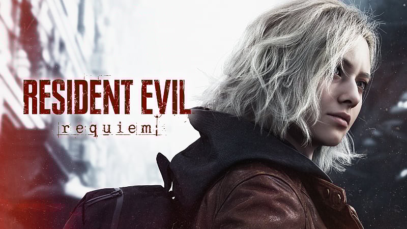Close-up of the main character with white hair wearing a brown jacket, set against a snowy background with the Resident Evil Requiem logo.