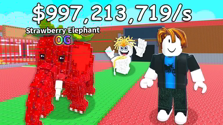 Roblox avatar smiles next to red 'OG' Strawberry Elephant with a number label above.