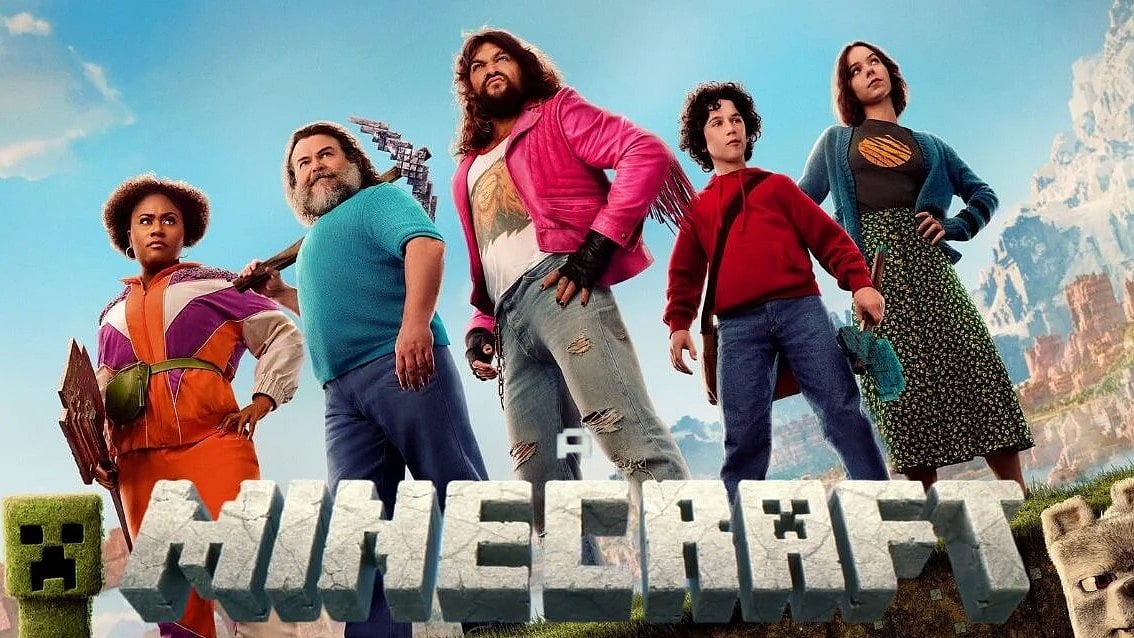 Poster of The Minecraft Movie with five main characters and Minecraft elements.