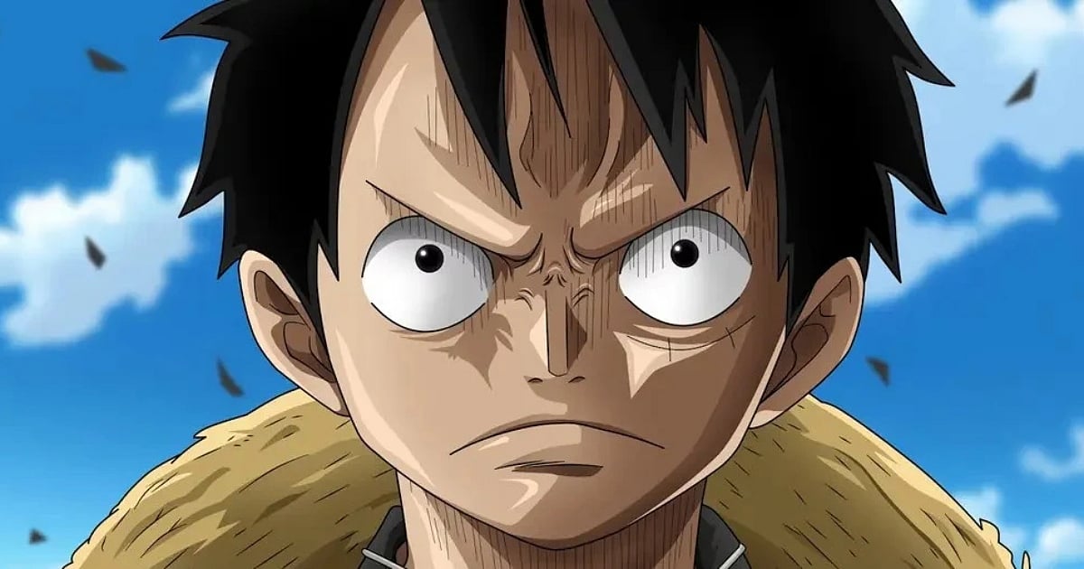 Main character of The One Piece anime, Monkey D. Luffy, with a serious expression against a blue sky background.