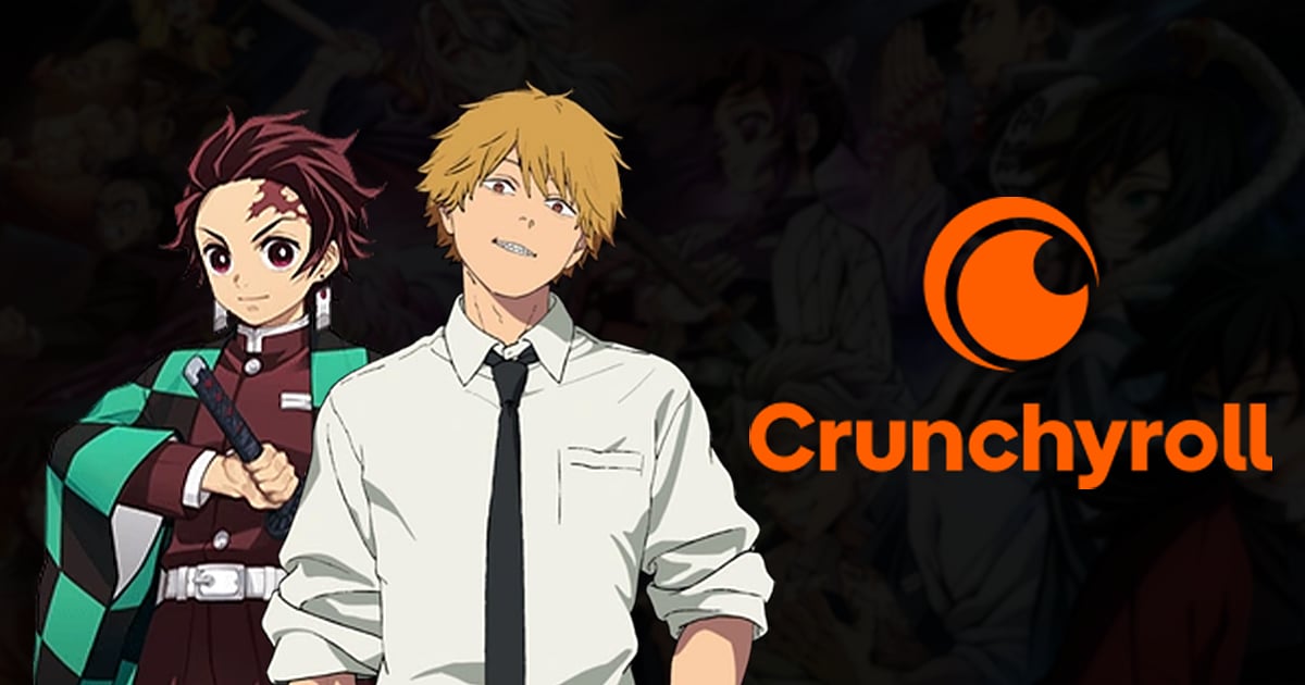 Crunchyroll logo with anime characters, Tanjiro and Denji