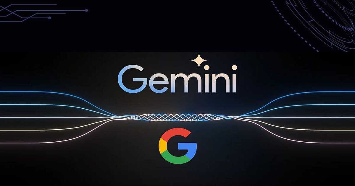 Google Gemini logo with abstract AI data flow design.