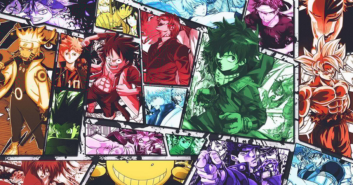Colorful collage of popular anime characters from various series.