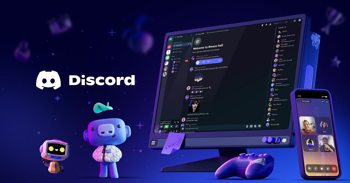 Discord logo with desktop and mobile app interfaces, surrounded by gaming-themed 3D characters and a controller.