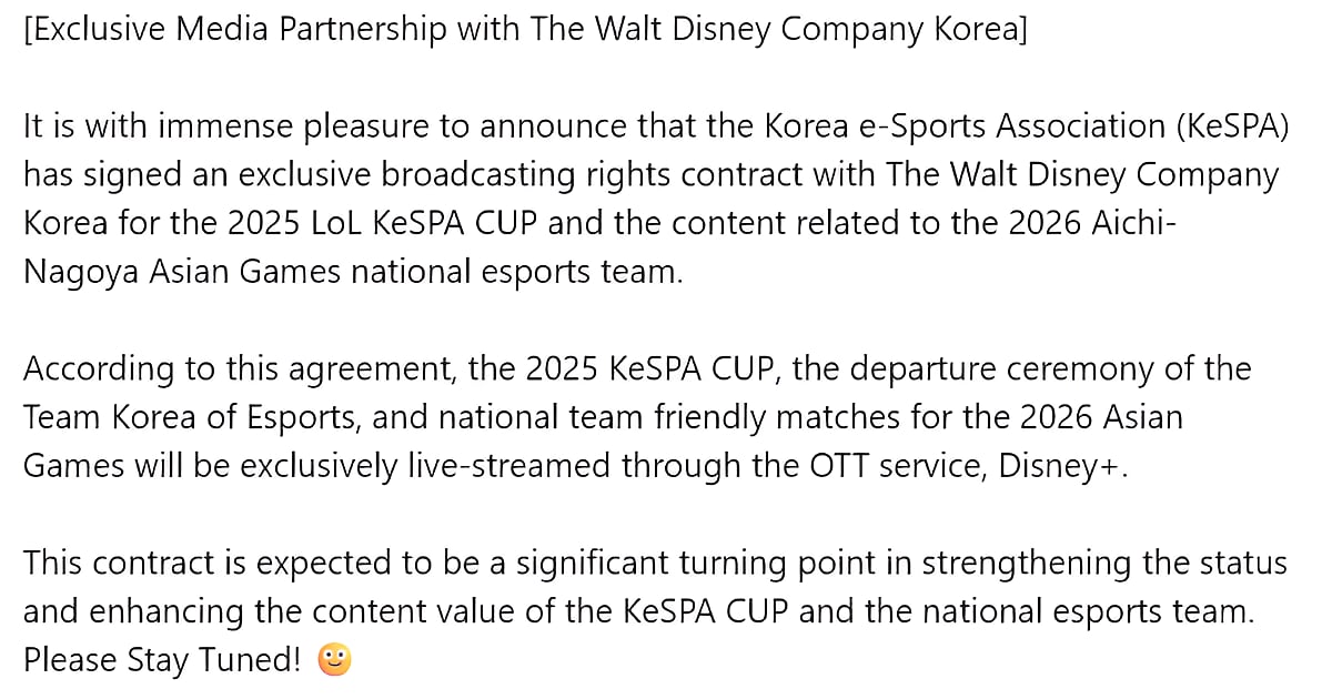 Linkedin Post: 2025 KeSPA Cup Partners With Disney+