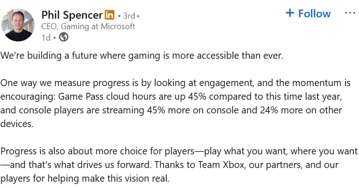 Phil Spencer's Linkedin Post