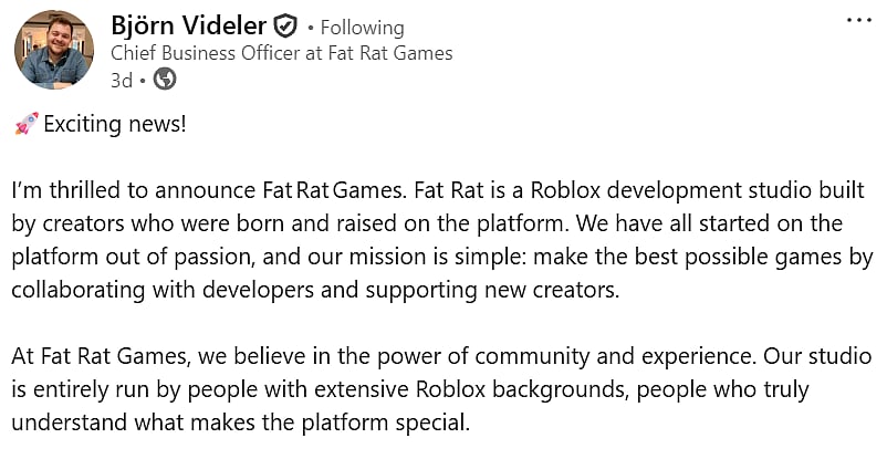 Fat Rat Games Announcement On Linkedin by Björn Videler