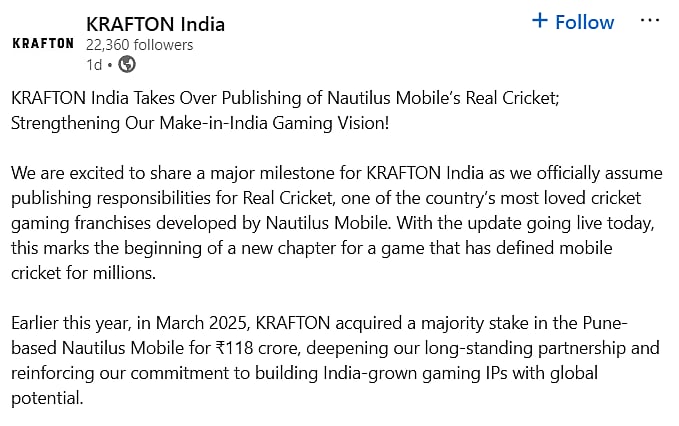 Krafton India Takes Over Publishing for Real Cricket Announcement