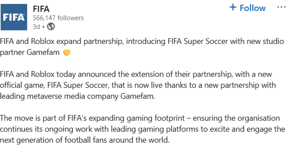 Official FIFA and Roblox Expanded Partnership Announcement