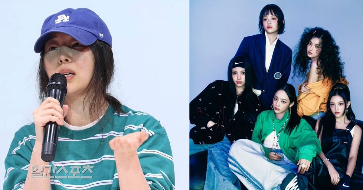 Min Hee-jin and NewJeans members in a photo on side to side as Min Hee Jin talks on a mic with reporters. While all members of NewJeans are posing for a photoshoot.