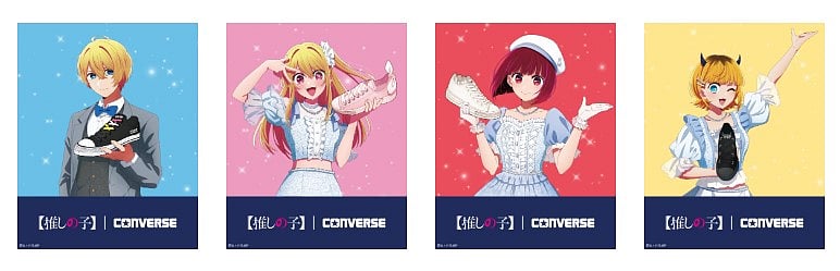 Aqua, Ruby, Arima Kana, and Mem-cho promoting the Oshi no Ko Converse Shoes