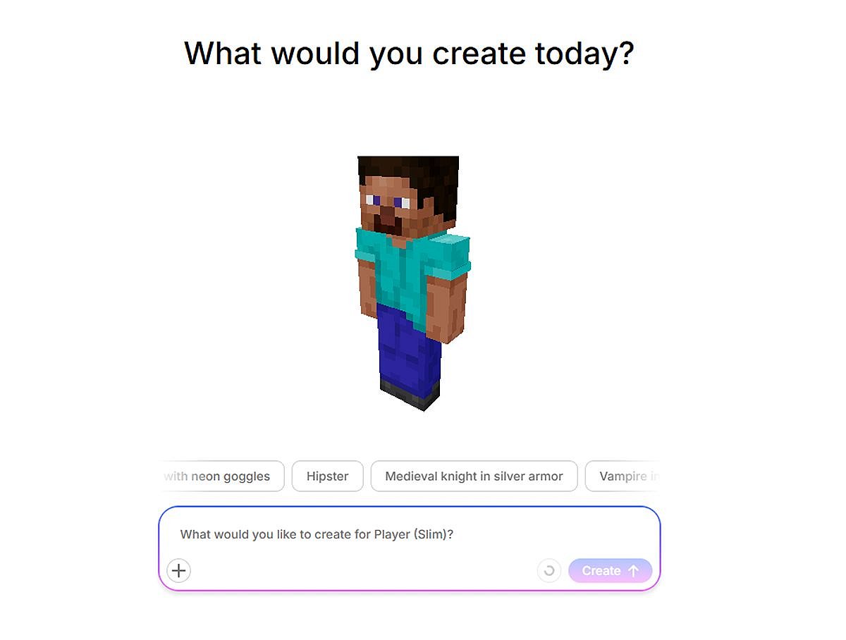 TSM OSU.ai Minecraft app interface showing AI character skin creation with default Steve character and text prompt options including neon goggles, hipster, medieval knight, and vampire
