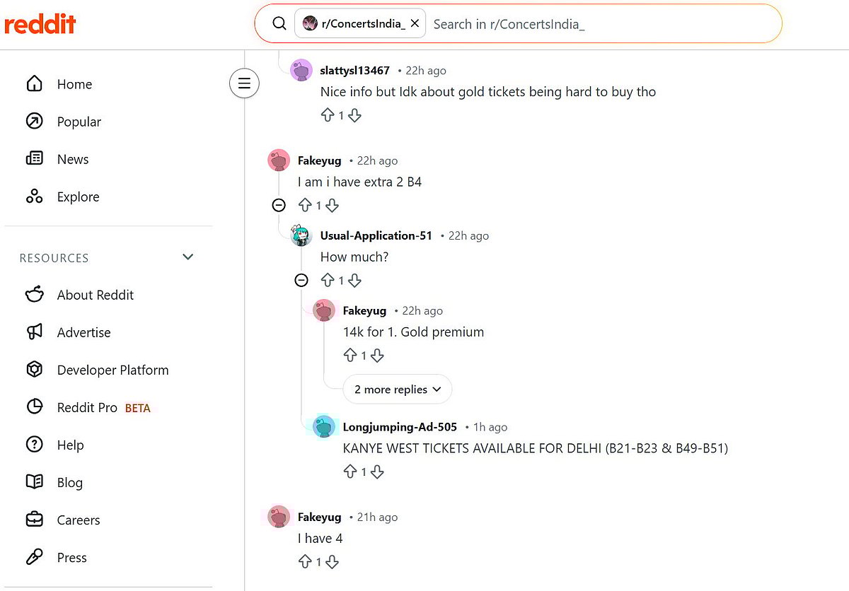 Reddit thread on r/ConcertsIndia_ showing users reselling Kanye West Delhi concert tickets, with one user offering Gold Premium passes at ₹14,000 each and another listing multiple seat blocks for sale