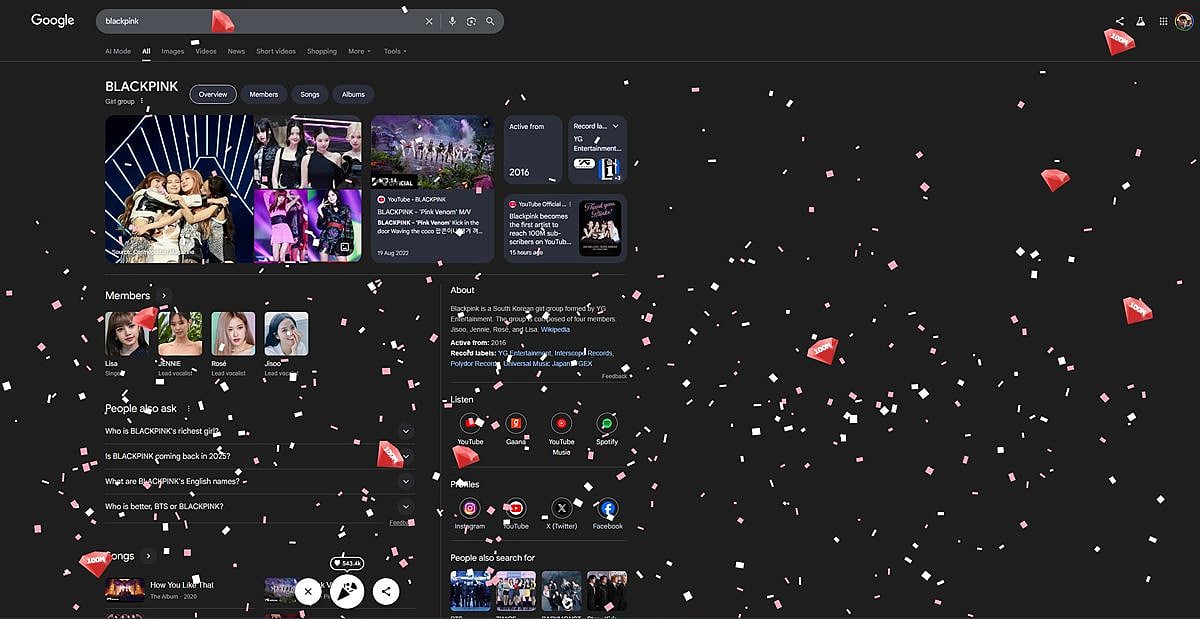 Google Search results page for "blackpink" showing a confetti animation with pink and white paper pieces and red diamond-shaped "100M" icons falling across the screen, celebrating the group's 100 million YouTube subscriber milestone.