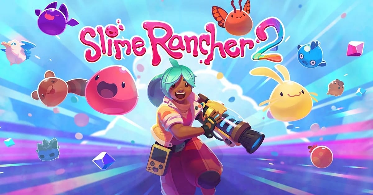 Slime Rancher 2 key art featuring Beatrix LeBeau holding a vacpack surrounded by colorful slimes